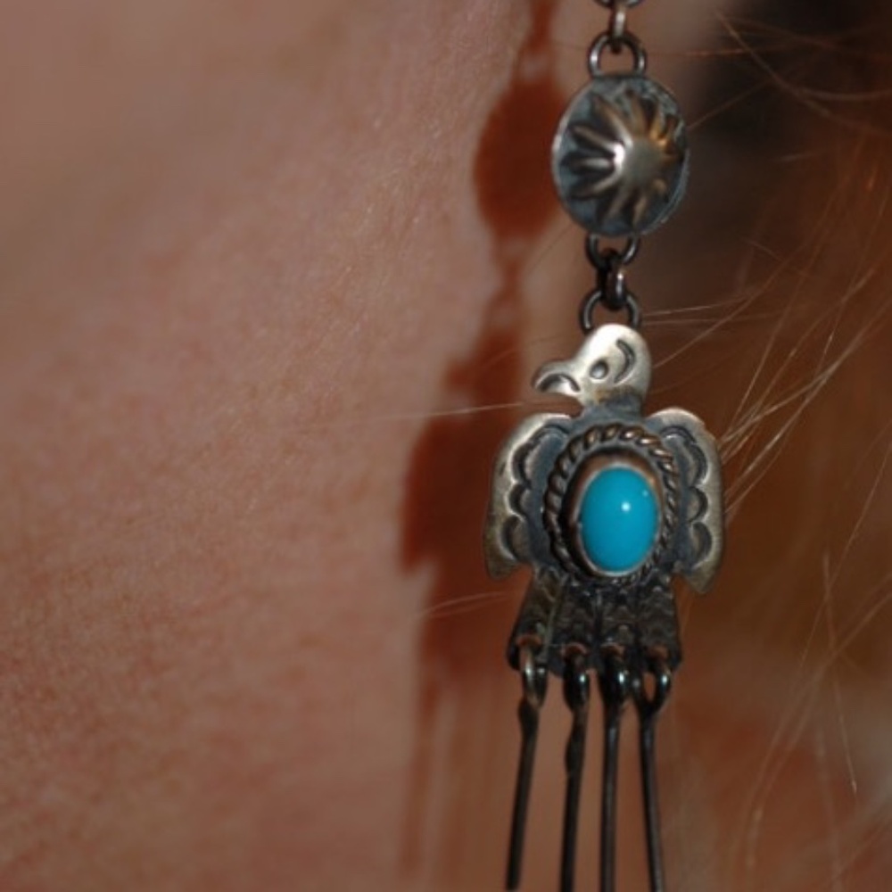 Navajo artist Marcella James Thunderbird earrings Sterling Silver & Natural Turq